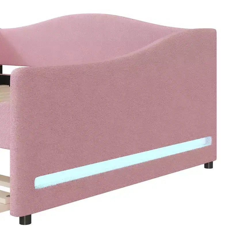 Bellemave Full Size Upholstered Daybed with Trundle, Teddy Fleece Frame, Tufted Sofa Bed with LED Light for Bedroom, Living Room, Guest, Pink