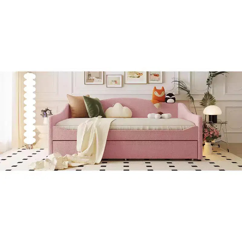 Bellemave Full Size Upholstered Daybed with Trundle, Teddy Fleece Frame, Tufted Sofa Bed with LED Light for Bedroom, Living Room, Guest, Pink