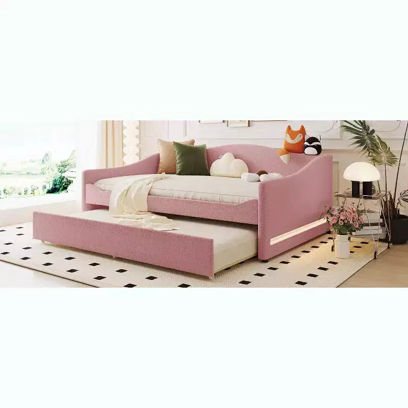 Bellemave Full Size Upholstered Daybed with Trundle, Teddy Fleece Frame, Tufted Sofa Bed with LED Light for Bedroom, Living Room, Guest, Pink