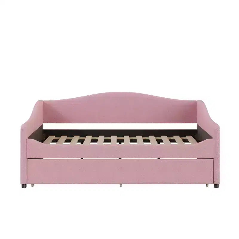 Bellemave Full Size Upholstered Daybed with Trundle, Teddy Fleece Frame, Tufted Sofa Bed with LED Light for Bedroom, Living Room, Guest, Pink