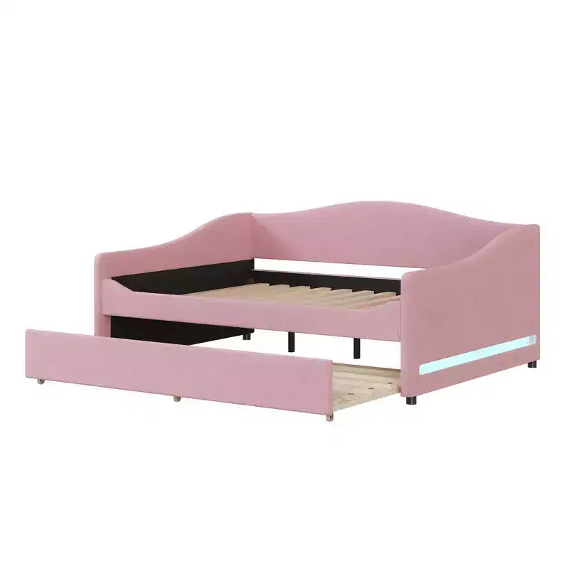 Bellemave Full Size Upholstered Daybed with Trundle, Teddy Fleece Frame, Tufted Sofa Bed with LED Light for Bedroom, Living Room, Guest, Pink