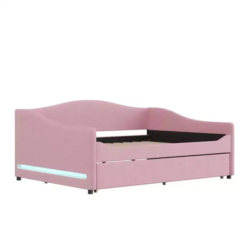 Bellemave Full Size Upholstered Daybed with Trundle, Teddy Fleece Frame, Tufted Sofa Bed with LED Light for Bedroom, Living Room, Guest, Pink