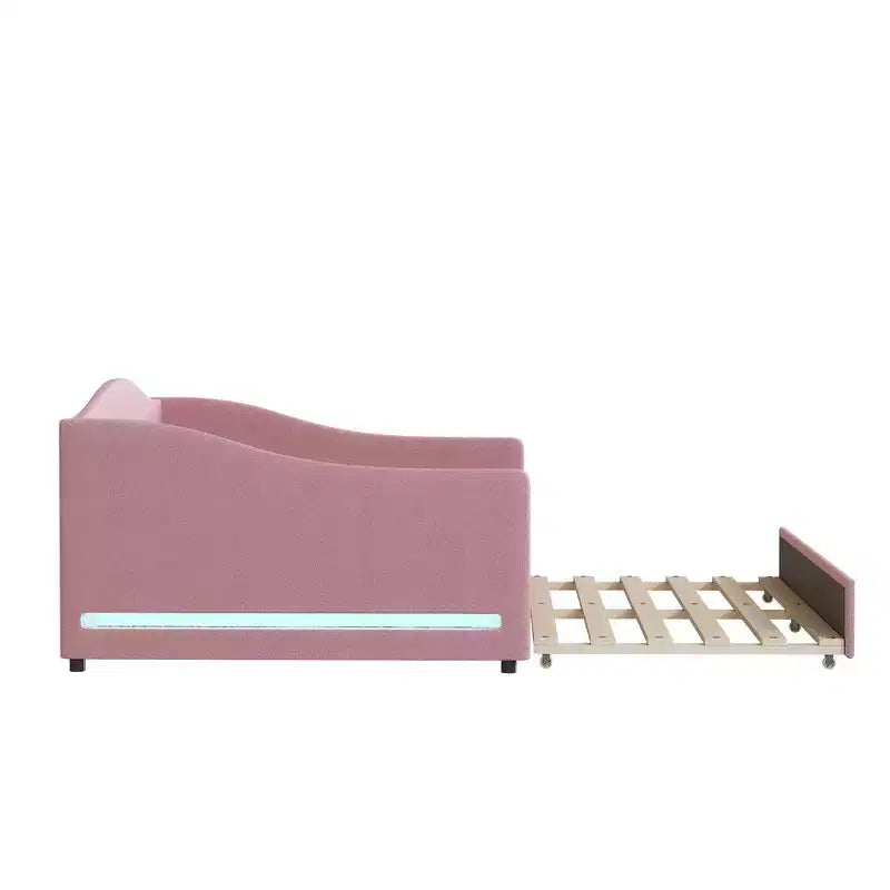 Bellemave Full Size Upholstered Daybed with Trundle, Teddy Fleece Frame, Tufted Sofa Bed with LED Light for Bedroom, Living Room, Guest, Pink