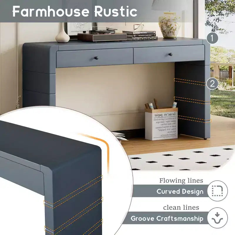Okak 55IN Farmhouse Console Table with Safety Curved Corner, Entry Table with 2 Drawers, Accent Table for Hallway, Living Room