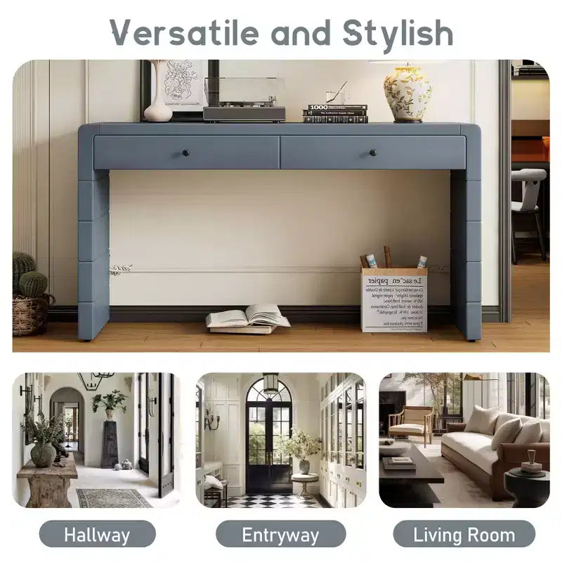Okak 55IN Farmhouse Console Table with Safety Curved Corner, Entry Table with 2 Drawers, Accent Table for Hallway, Living Room