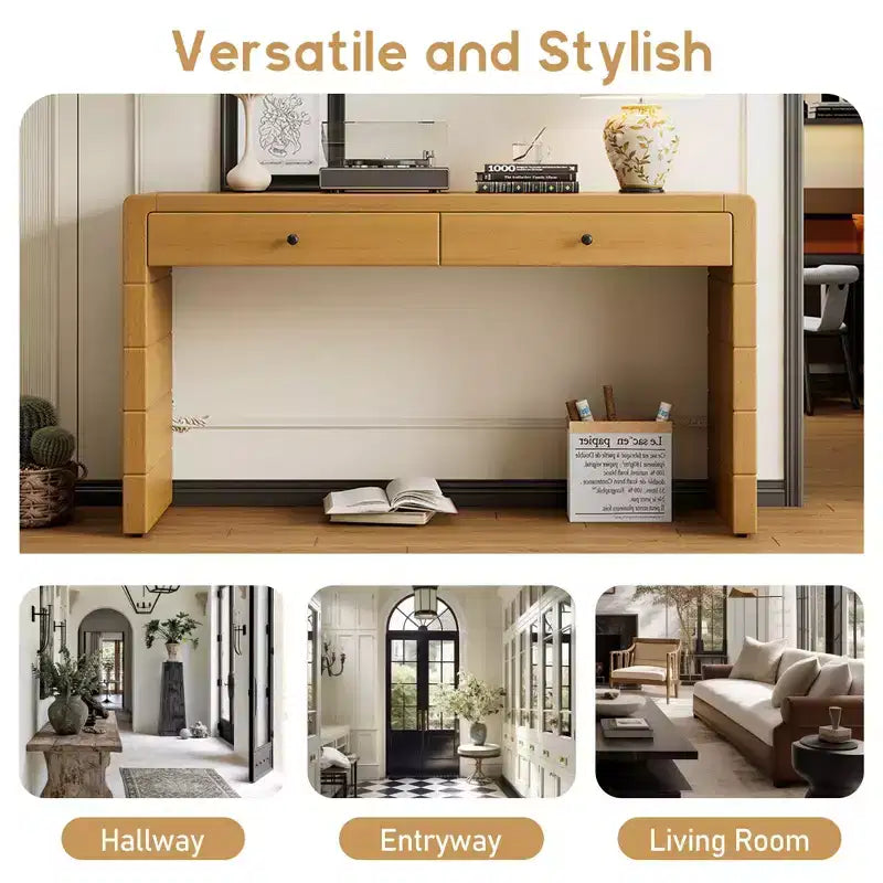 Okak 55IN Farmhouse Console Table with Safety Curved Corner, Entry Table with 2 Drawers, Accent Table for Hallway, Living Room