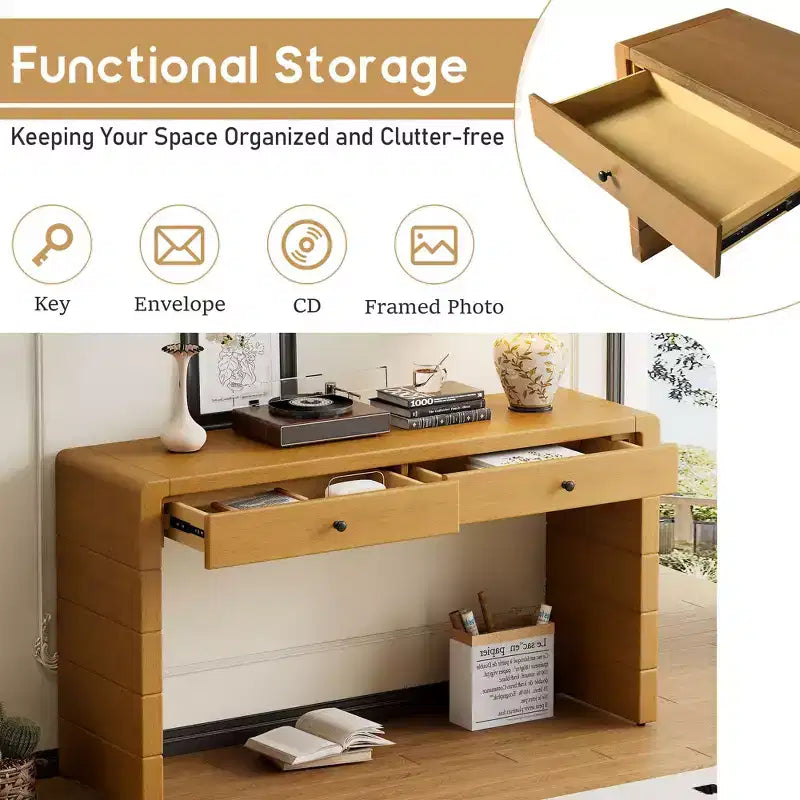 Okak 55IN Farmhouse Console Table with Safety Curved Corner, Entry Table with 2 Drawers, Accent Table for Hallway, Living Room
