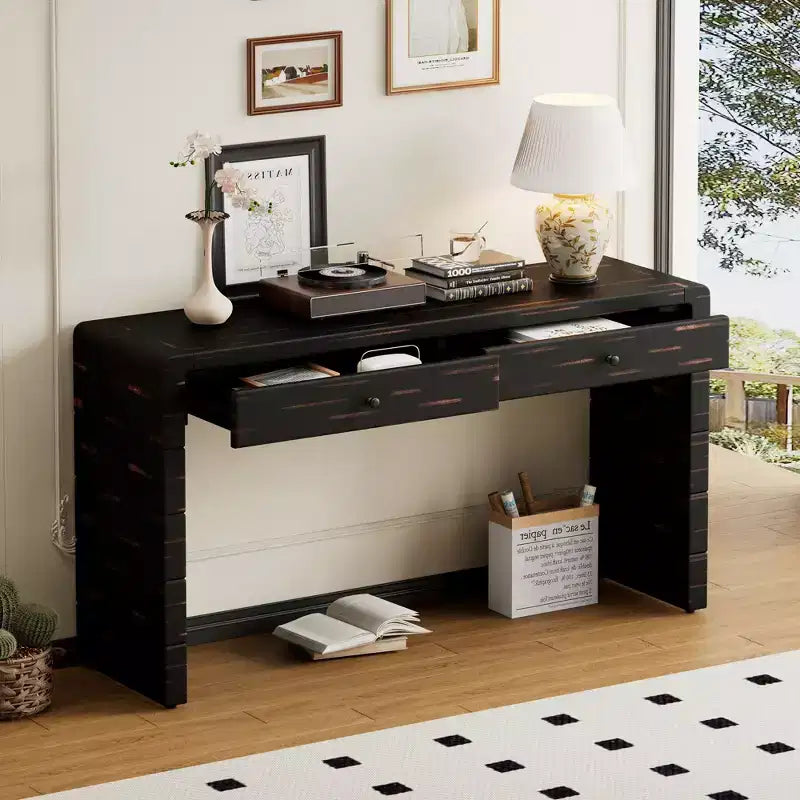 Okak 55IN Farmhouse Console Table with Safety Curved Corner, Entry Table with 2 Drawers, Accent Table for Hallway, Living Room