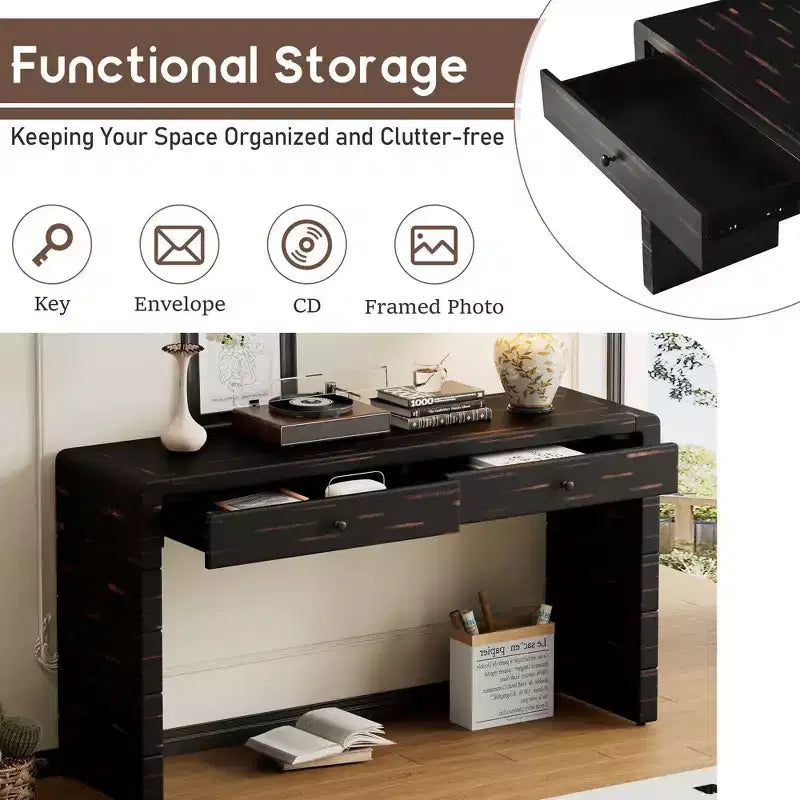 Okak 55IN Farmhouse Console Table with Safety Curved Corner, Entry Table with 2 Drawers, Accent Table for Hallway, Living Room