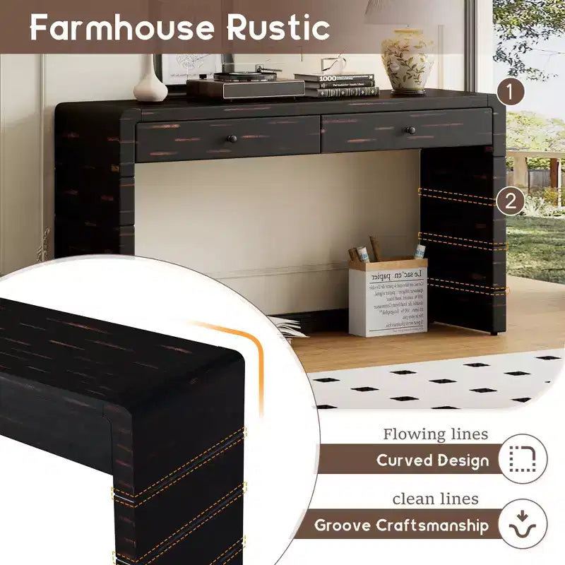Okak 55IN Farmhouse Console Table with Safety Curved Corner, Entry Table with 2 Drawers, Accent Table for Hallway, Living Room