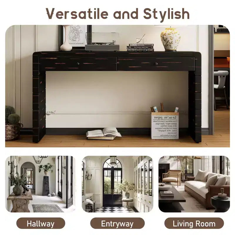Okak 55IN Farmhouse Console Table with Safety Curved Corner, Entry Table with 2 Drawers, Accent Table for Hallway, Living Room