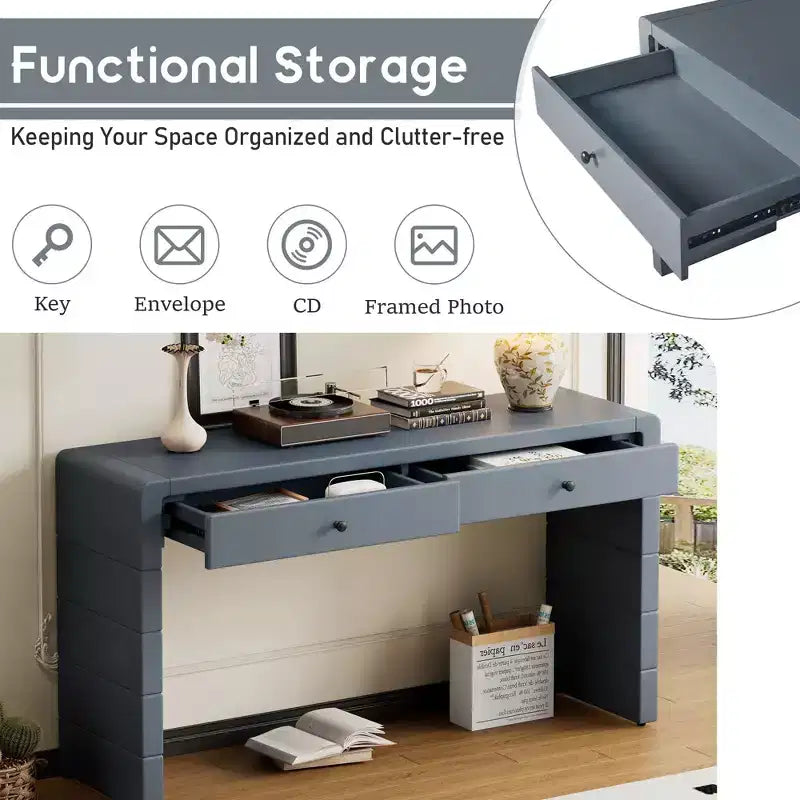 Okak 55IN Farmhouse Console Table with Safety Curved Corner, Entry Table with 2 Drawers, Accent Table for Hallway, Living Room