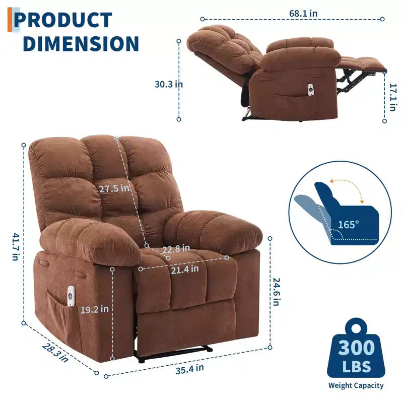 Family lazy recliner with wide rocker, breathable fabric, massage and heating function, 2 side pockets, perfect for living room and bedroom