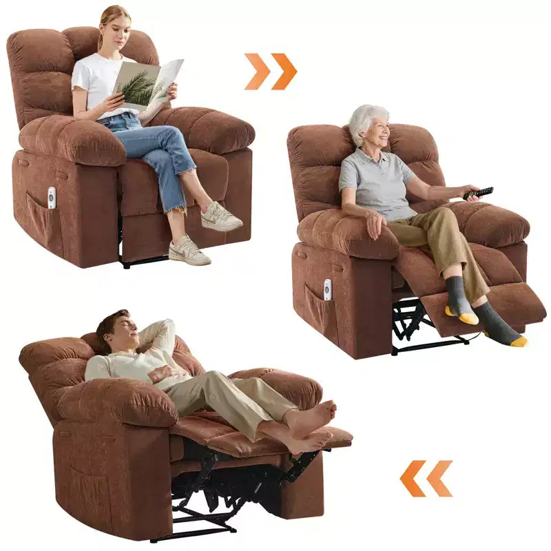 Family lazy recliner with wide rocker, breathable fabric, massage and heating function, 2 side pockets, perfect for living room and bedroom