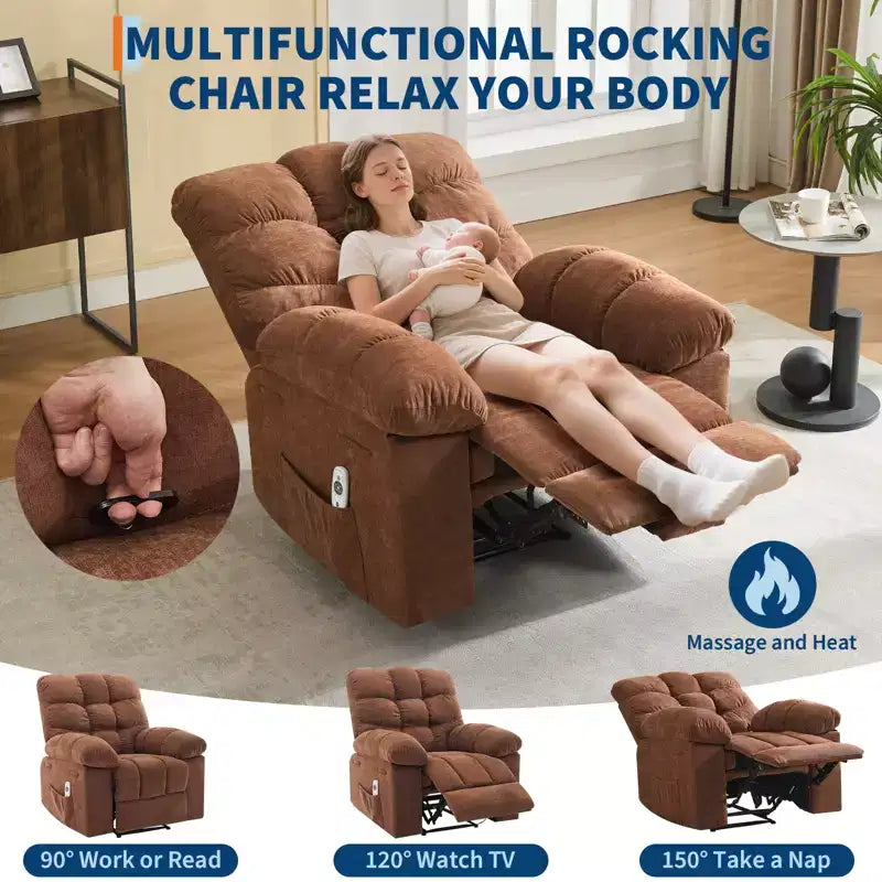 Family lazy recliner with wide rocker, breathable fabric, massage and heating function, 2 side pockets, perfect for living room and bedroom