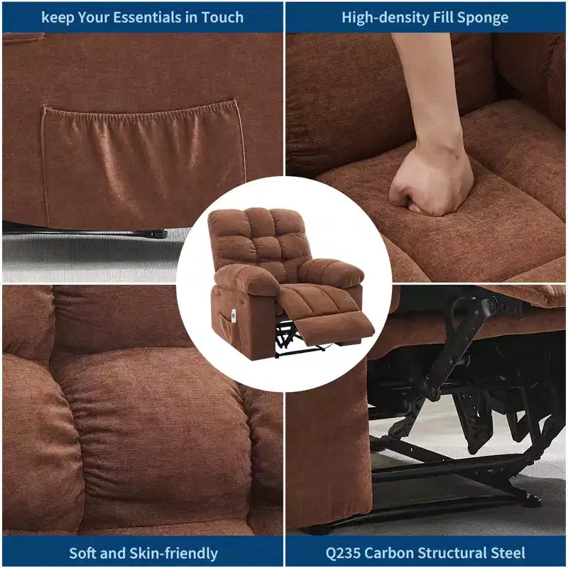 Family lazy recliner with wide rocker, breathable fabric, massage and heating function, 2 side pockets, perfect for living room and bedroom