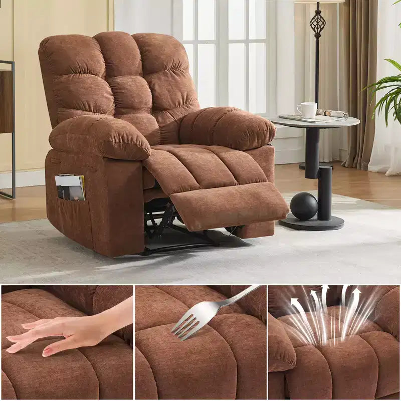 Family lazy recliner with wide rocker, breathable fabric, massage and heating function, 2 side pockets, perfect for living room and bedroom