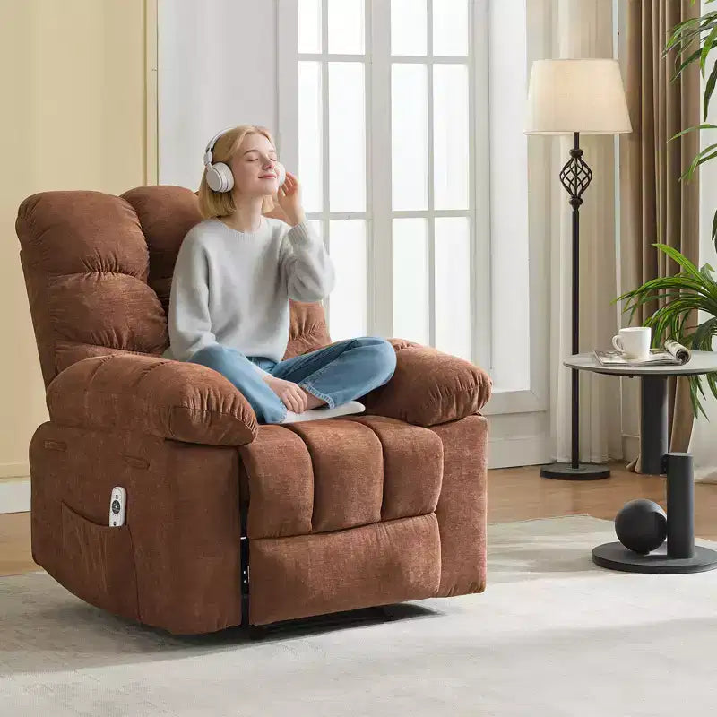 Family lazy recliner with wide rocker, breathable fabric, massage and heating function, 2 side pockets, perfect for living room and bedroom