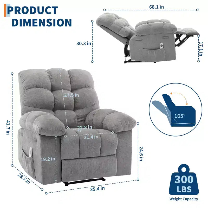 Family lazy recliner with wide rocker, breathable fabric, massage and heating function, 2 side pockets, perfect for living room and bedroom