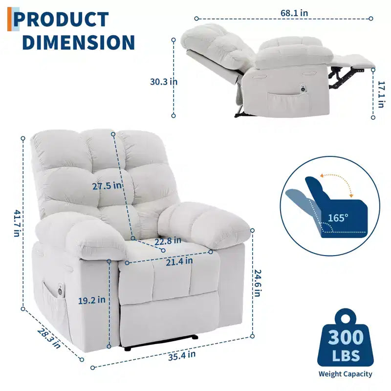 Family lazy recliner with wide rocker, breathable fabric, massage and heating function, 2 side pockets, perfect for living room and bedroom