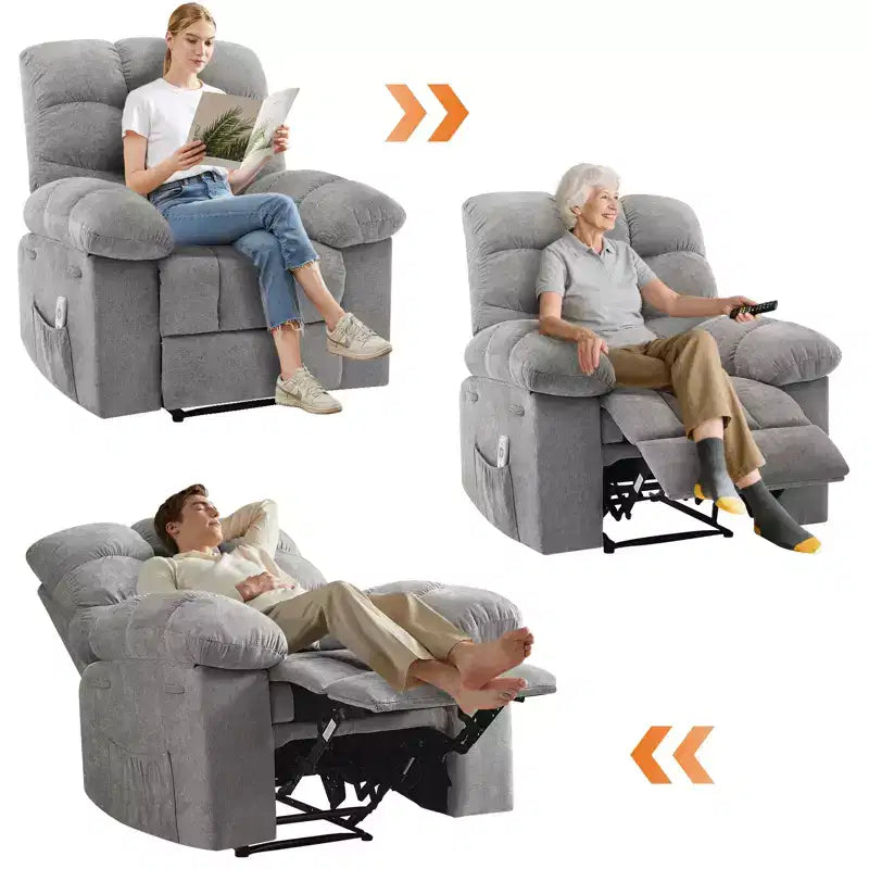 Family lazy recliner with wide rocker, breathable fabric, massage and heating function, 2 side pockets, perfect for living room and bedroom