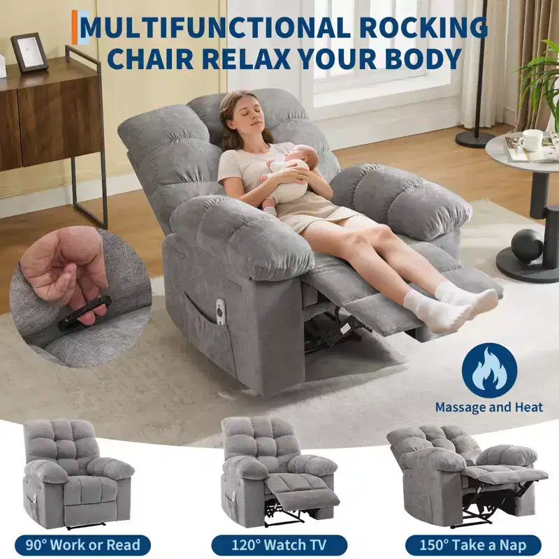 Family lazy recliner with wide rocker, breathable fabric, massage and heating function, 2 side pockets, perfect for living room and bedroom