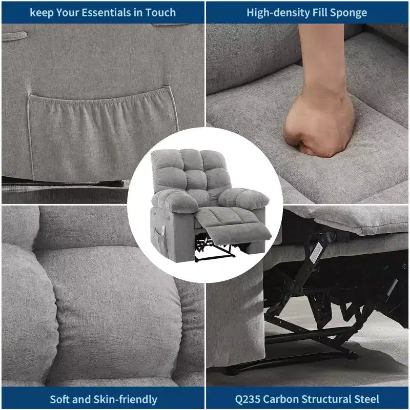 Family lazy recliner with wide rocker, breathable fabric, massage and heating function, 2 side pockets, perfect for living room and bedroom