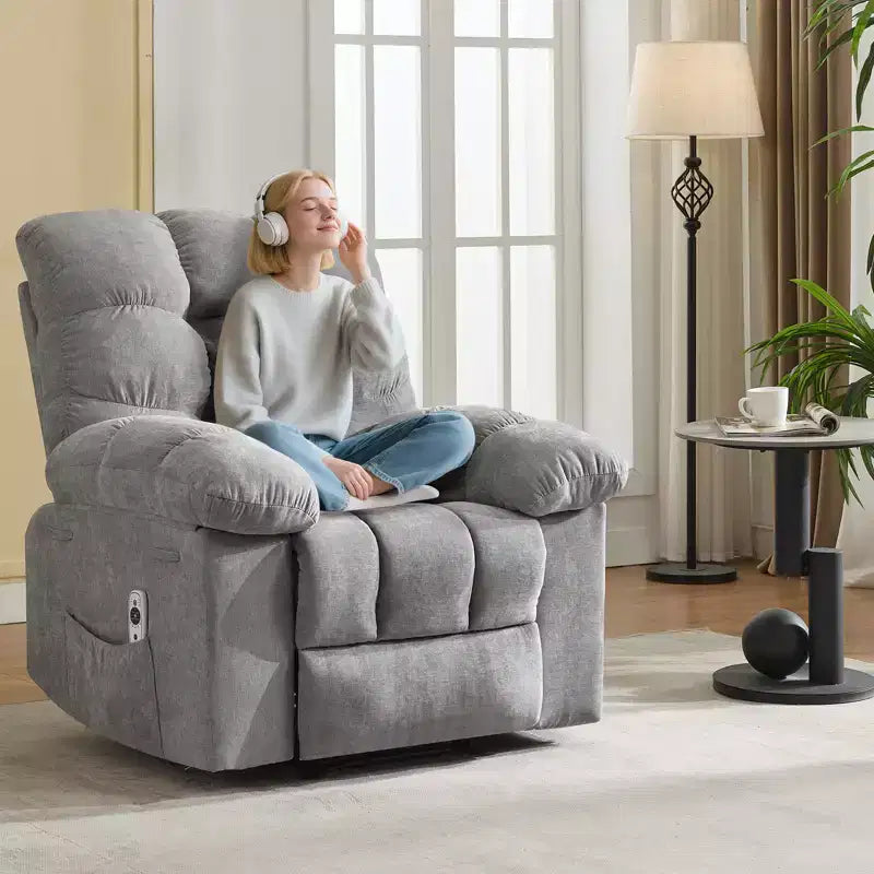 Family lazy recliner with wide rocker, breathable fabric, massage and heating function, 2 side pockets, perfect for living room and bedroom