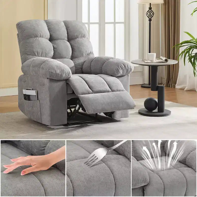 Family lazy recliner with wide rocker, breathable fabric, massage and heating function, 2 side pockets, perfect for living room and bedroom