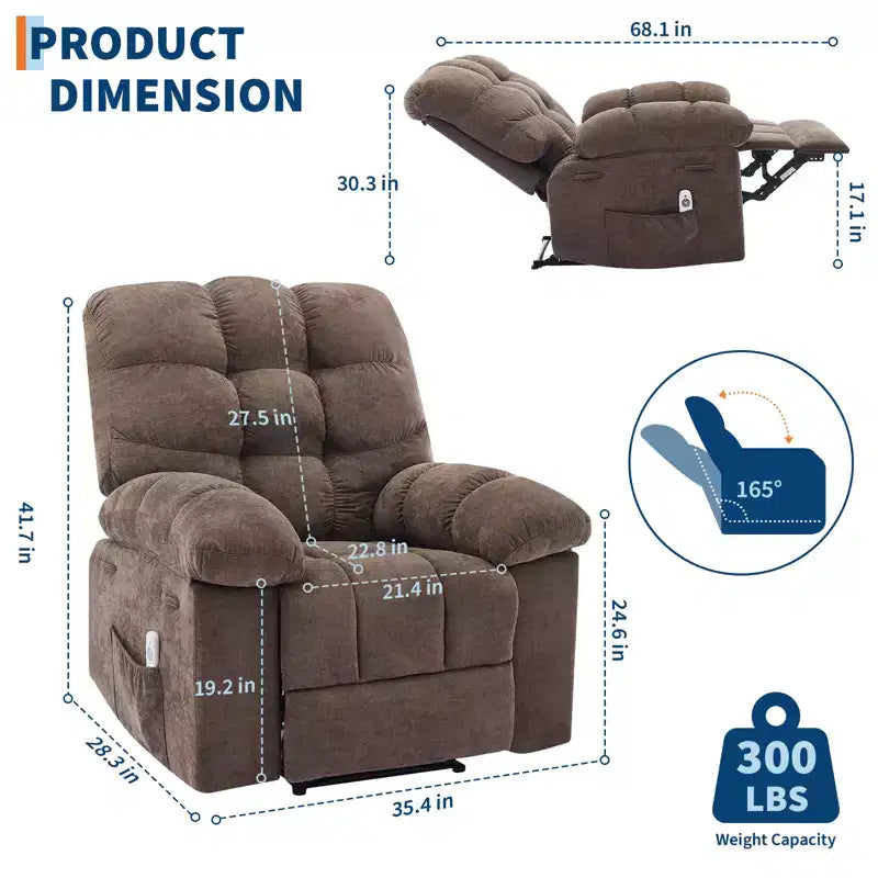 Family lazy recliner with wide rocker, breathable fabric, massage and heating function, 2 side pockets, perfect for living room and bedroom