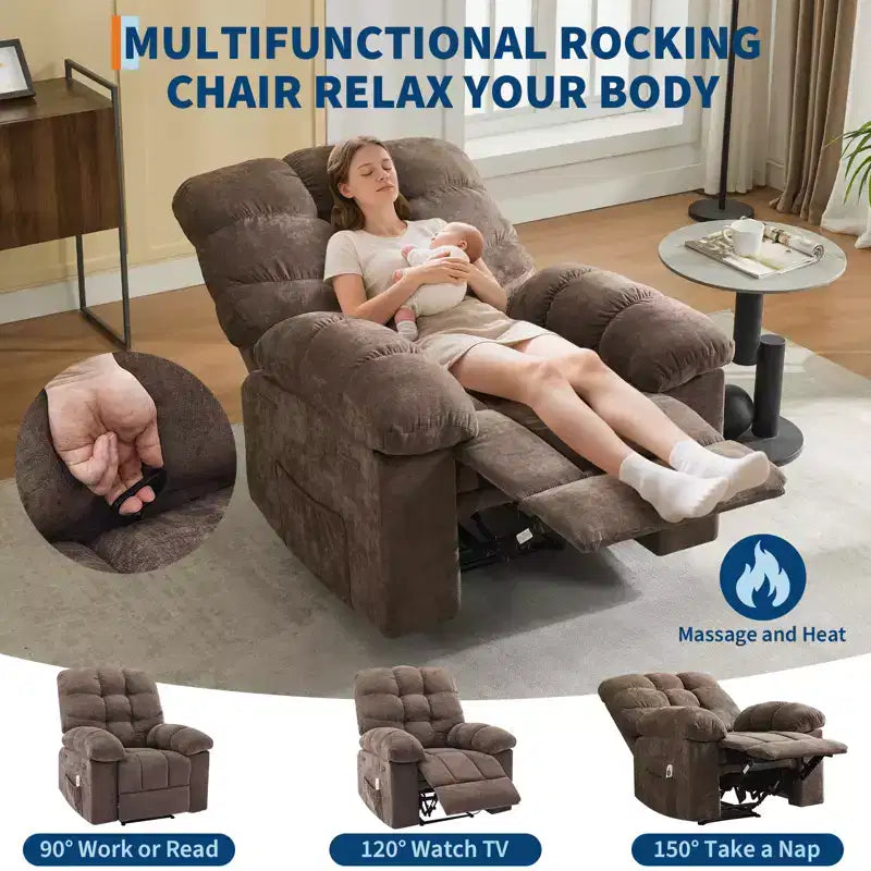 Family lazy recliner with wide rocker, breathable fabric, massage and heating function, 2 side pockets, perfect for living room and bedroom