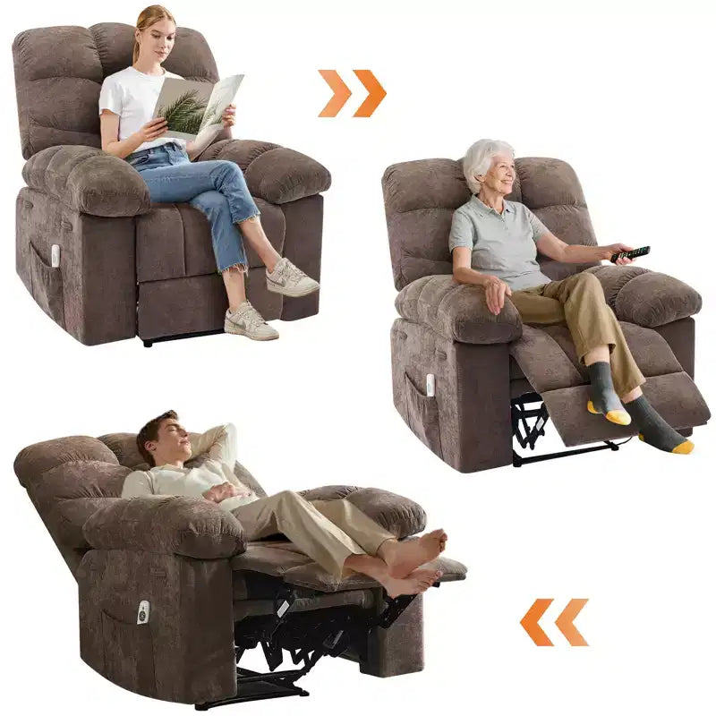 Family lazy recliner with wide rocker, breathable fabric, massage and heating function, 2 side pockets, perfect for living room and bedroom