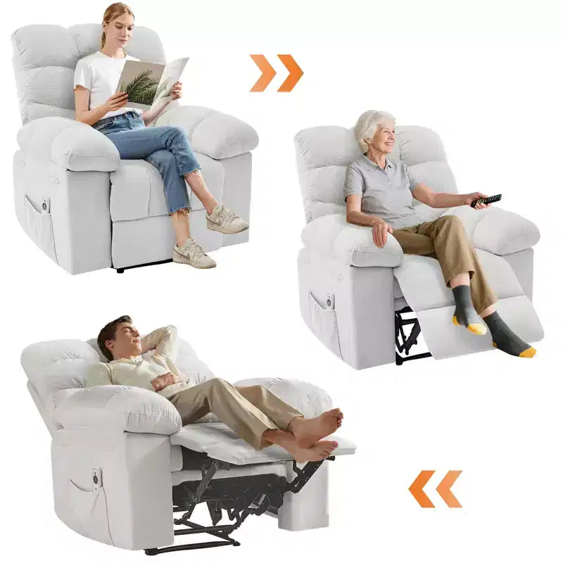 Family lazy recliner with wide rocker, breathable fabric, massage and heating function, 2 side pockets, perfect for living room and bedroom