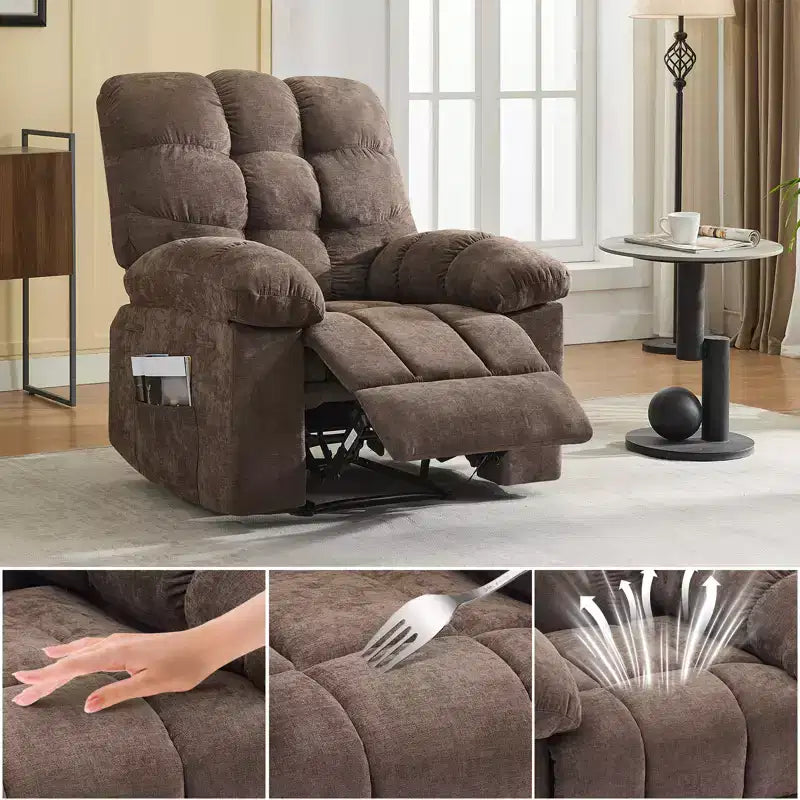 Family lazy recliner with wide rocker, breathable fabric, massage and heating function, 2 side pockets, perfect for living room and bedroom