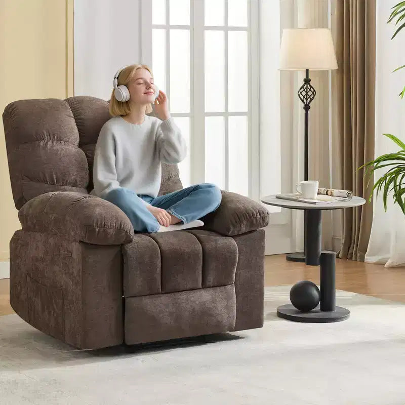 Family lazy recliner with wide rocker, breathable fabric, massage and heating function, 2 side pockets, perfect for living room and bedroom