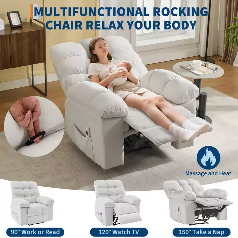 Family lazy recliner with wide rocker, breathable fabric, massage and heating function, 2 side pockets, perfect for living room and bedroom
