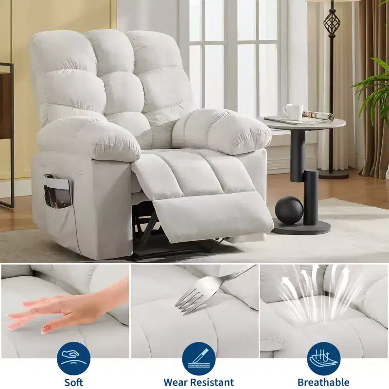 Family lazy recliner with wide rocker, breathable fabric, massage and heating function, 2 side pockets, perfect for living room and bedroom