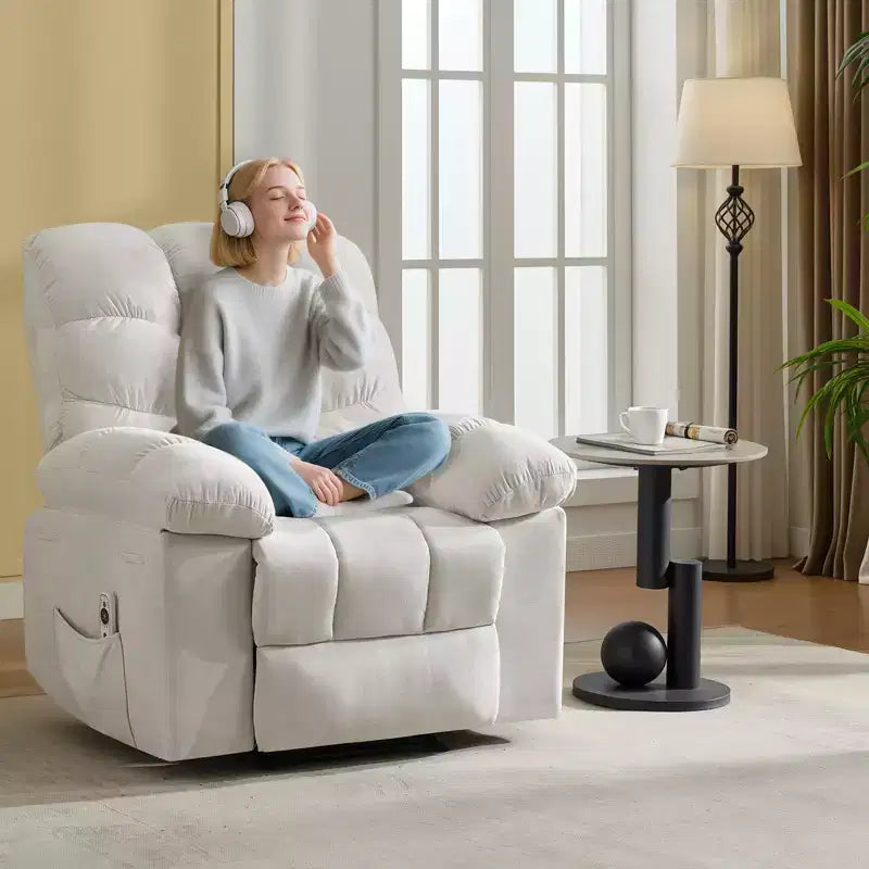 Family lazy recliner with wide rocker, breathable fabric, massage and heating function, 2 side pockets, perfect for living room and bedroom