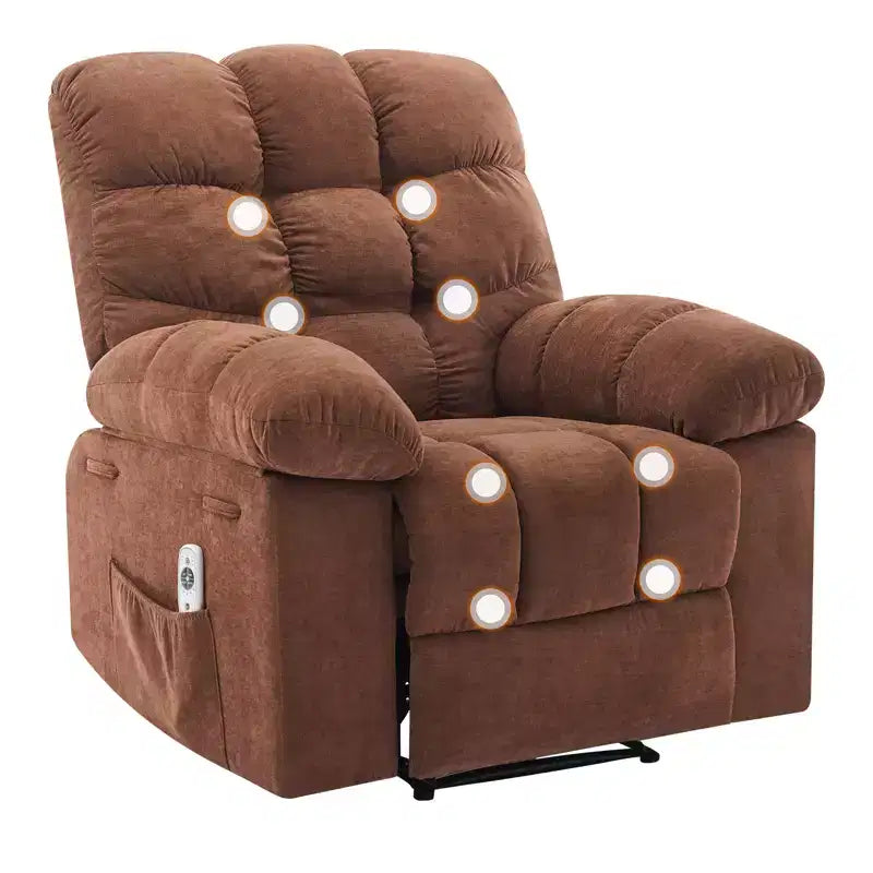 Family lazy recliner with wide rocker, breathable fabric, massage and heating function, 2 side pockets, perfect for living room and bedroom