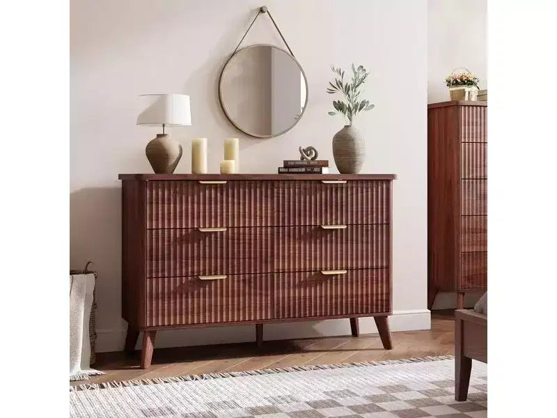 Fluted 6 Drawers Dresser, 47.2 Wide Modern Chest of Drawers with Metal Handle, Curved Profile Dresser TV Stand, Wooden Drawer Organizer for Bedroom