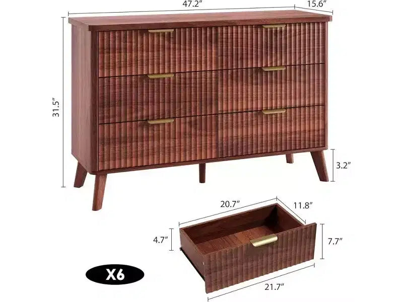 Fluted 6 Drawers Dresser, 47.2 Wide Modern Chest of Drawers with Metal Handle, Curved Profile Dresser TV Stand, Wooden Drawer Organizer for Bedroom