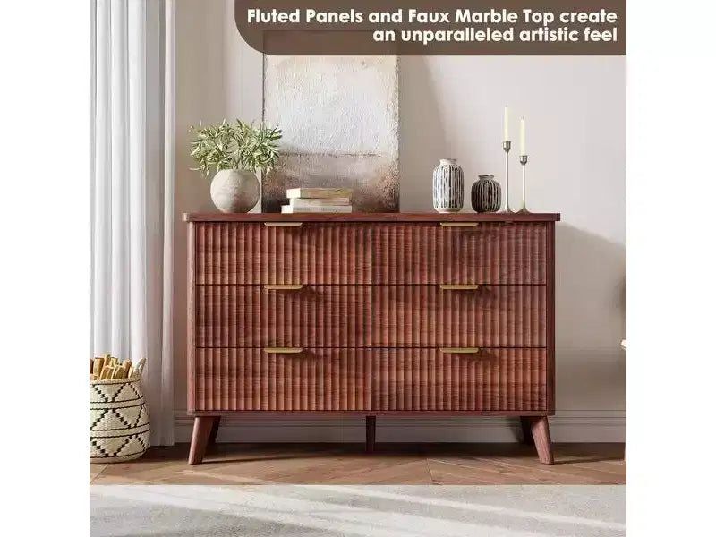 Fluted 6 Drawers Dresser, 47.2 Wide Modern Chest of Drawers with Metal Handle, Curved Profile Dresser TV Stand, Wooden Drawer Organizer for Bedroom