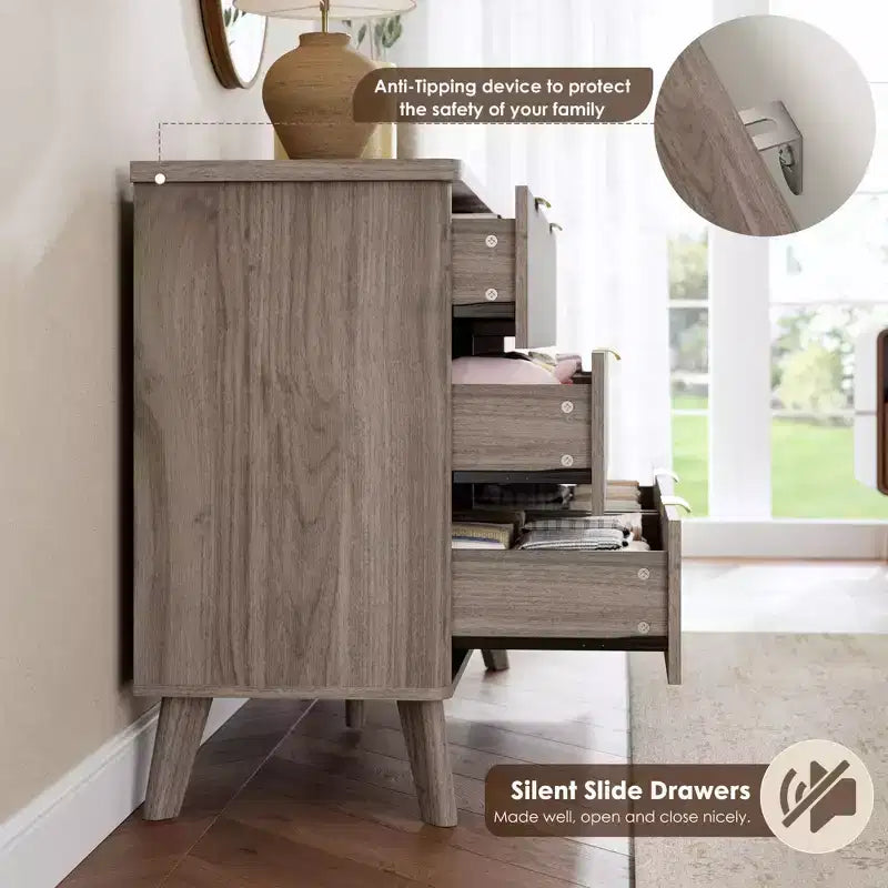 Fluted 6 Drawers Dresser, 47.2 Wide Modern Chest of Drawers with Metal Handle, Curved Profile Dresser TV Stand, Wooden Drawer Organizer for Bedroom