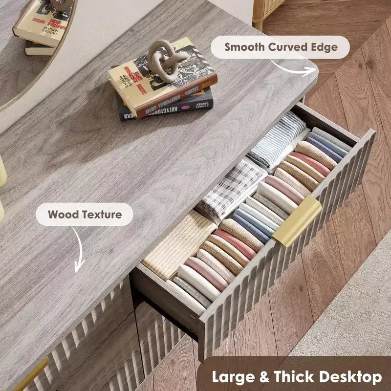 Fluted 6 Drawers Dresser, 47.2 Wide Modern Chest of Drawers with Metal Handle, Curved Profile Dresser TV Stand, Wooden Drawer Organizer for Bedroom