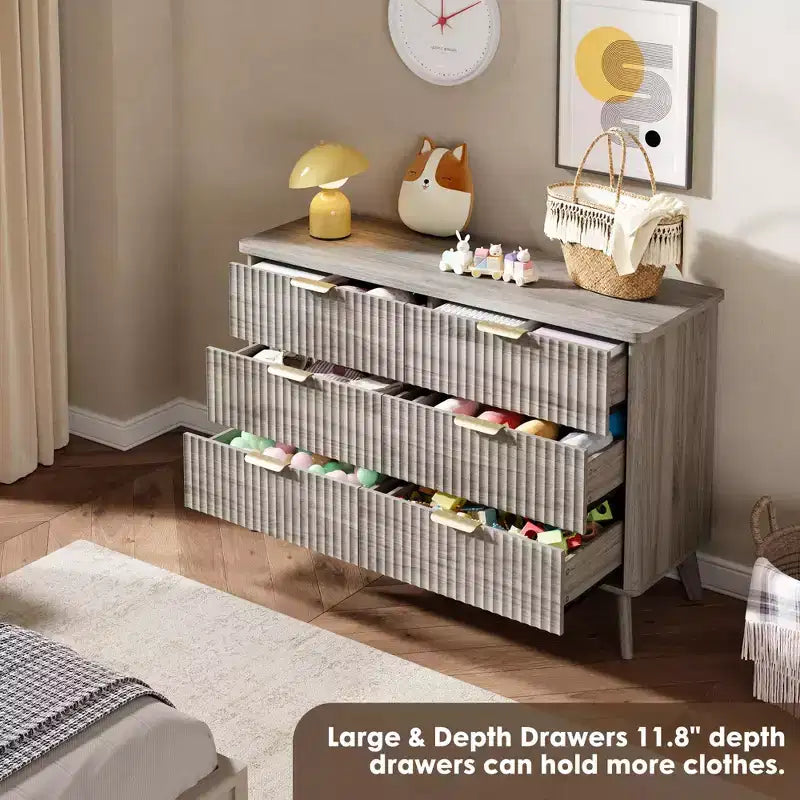 Fluted 6 Drawers Dresser, 47.2 Wide Modern Chest of Drawers with Metal Handle, Curved Profile Dresser TV Stand, Wooden Drawer Organizer for Bedroom