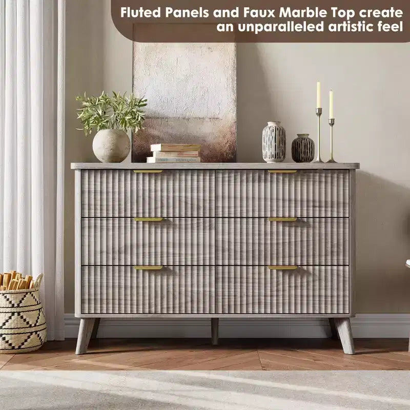 Fluted 6 Drawers Dresser, 47.2 Wide Modern Chest of Drawers with Metal Handle, Curved Profile Dresser TV Stand, Wooden Drawer Organizer for Bedroom