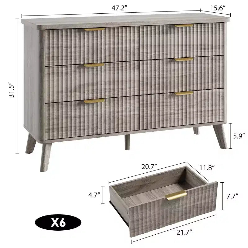 Fluted 6 Drawers Dresser, 47.2 Wide Modern Chest of Drawers with Metal Handle, Curved Profile Dresser TV Stand, Wooden Drawer Organizer for Bedroom