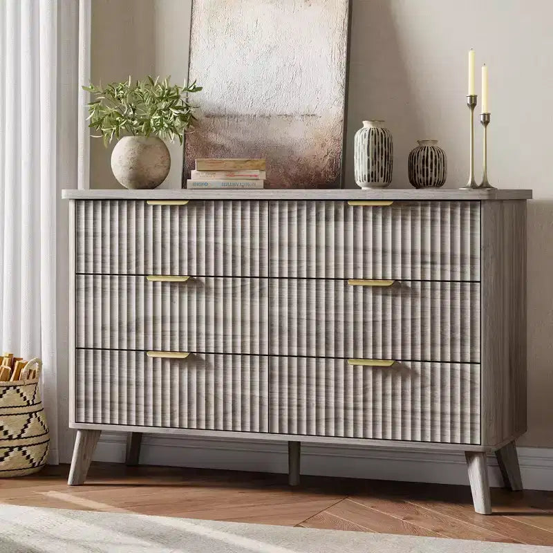 Fluted 6 Drawers Dresser, 47.2 Wide Modern Chest of Drawers with Metal Handle, Curved Profile Dresser TV Stand, Wooden Drawer Organizer for Bedroom