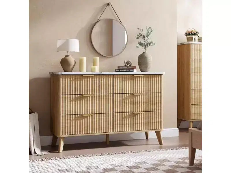 Fluted 6 Drawers Dresser, 47.2 Wide Modern Chest of Drawers with Metal Handle, Curved Profile Dresser TV Stand, Wooden Drawer Organizer for Bedroom