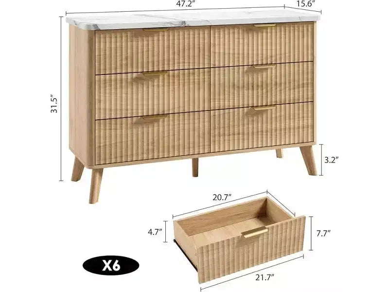 Fluted 6 Drawers Dresser, 47.2 Wide Modern Chest of Drawers with Metal Handle, Curved Profile Dresser TV Stand, Wooden Drawer Organizer for Bedroom